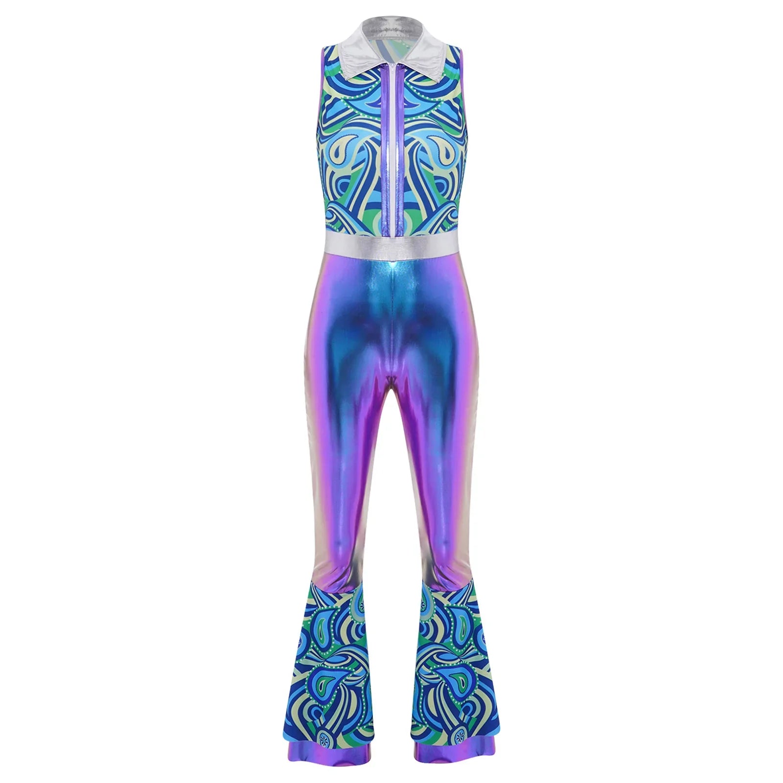 Womens Halloween Retro Hippie Cosplay Costume Party Hip-hop Dance Costume Metallic Shiny Vintage Carnival Bodysuit Jumpsuit Lootquake LLC