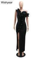 Sexy Night Sleeveless Off Shoulder Wooden Ear Edge Ruffles Bodycon Split Red Midi Dress Women Evening Birthday Party Vestidos