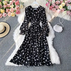 YuooMuoo Korean Fashion Cherry Print Women Dress 2025 New Spring Vintage Bandage Slim Waist Long Dress Elegant Party Vestidos