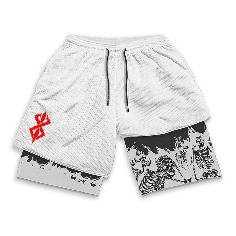 Berserk Skull Print 2 in 1 Running Workout Shorts