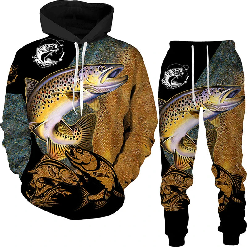 New 3D Fishing Art Print Casual Couple Hoodies Outfits Hip Hop Streetwear Hooded Sweatshirt+Sweat Pants Men's Tracksuit Set Lootquake LLC
