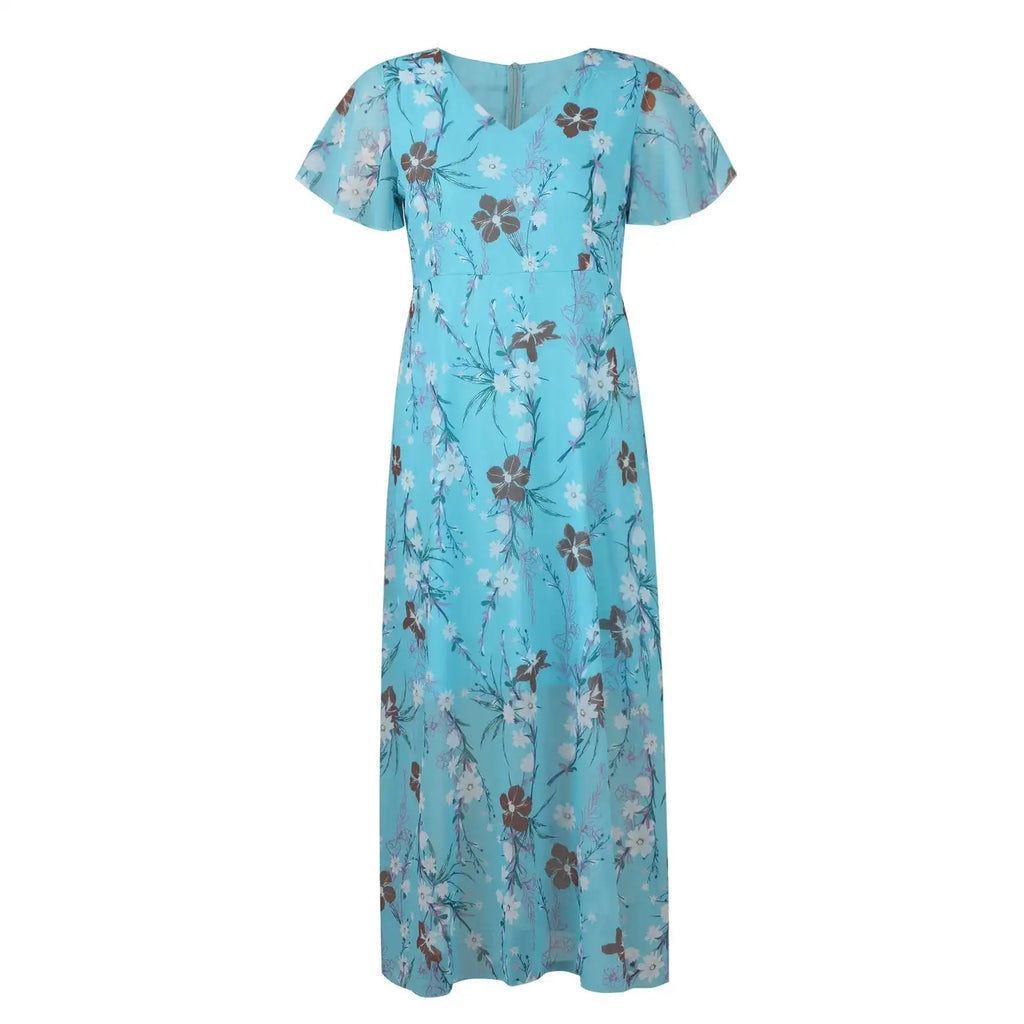 Vestidos Verano Moda 2024 Women's Swing Long Dress Chiffon Floral Short Sleeve Ruffle V Neck Fashion Waist Flowy Dress платье
