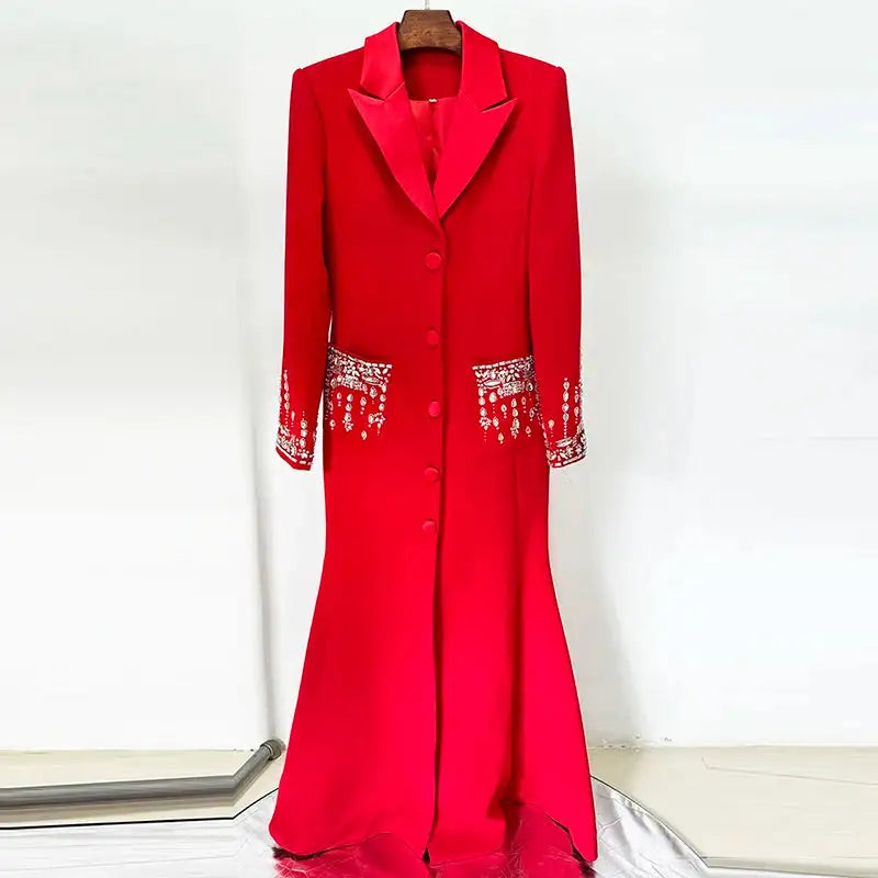 HIGH STREET Newest 2025 Designer Fashion Women's Long Sleeve Notched Collar Rhinestone Diamonds Beading Maxi Long Dress