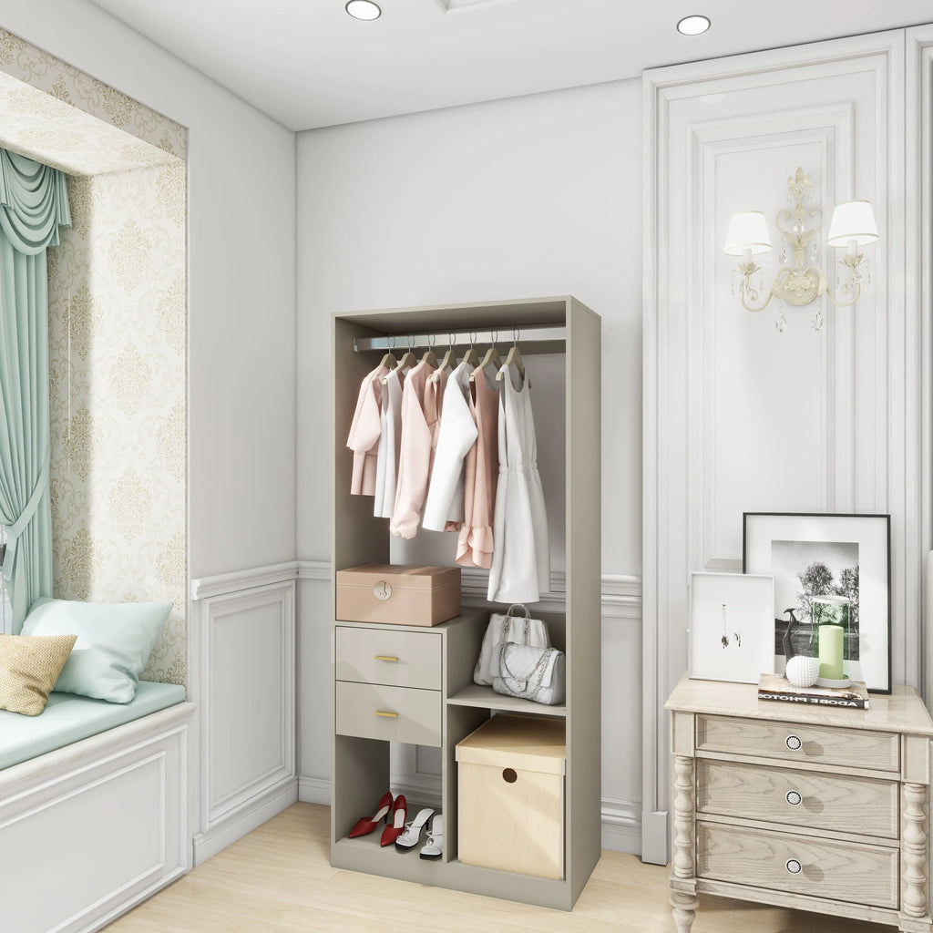 YG-303 Stand-Alone Wood Closet System for Walk in Closets with 2 Drawers Hanging Rods and Shelves Clothes Storage Cabinet Built-in Closet Organizer for Bedroom 31.5"L x 15.7"W x 70.8"H Gray Pi-Mart