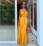 Elegant and Sexy Summer Women's V-neck Beach Dress with High Waist Waist Waist Waist Belt and Sling Long Dress for Party