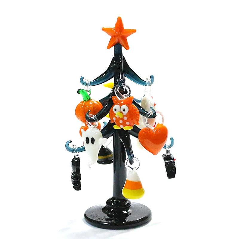 Halloween Decor Cute Glass Tree Figurine Ornaments with Mini Owl Spider Bat Pumpkin Cross Ghost Evil Eye Heart Moon Hat Pendant Lootquake LLC