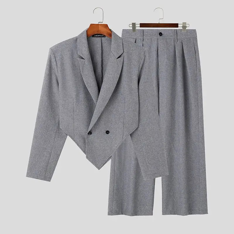 INCERUN 2023 Men Sets Solid Color Autumn Lapel Long Sleeve Irregular Blazer & Pants 2PCS Streetwear Fashion Men's Casual Suits Lootquake LLC