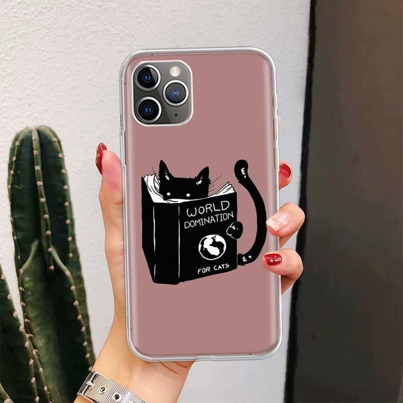 Black Cat Cartoon Cute For Iphone 11 13 14 Pro Max 12 Mini Phone Case X Xs Xr 6 6s 8 7 Plus Se 5 5s Cover Cute Funny Aesthetic Cat Design Pattern Silicone Soft Phone Case Stevvex