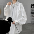 Solid Color Turn-Down Collar Long Sleeve Loose Fit Shirt with Pockets - Stylish & Functional Casual Top for Men & Women M-XXXXXL