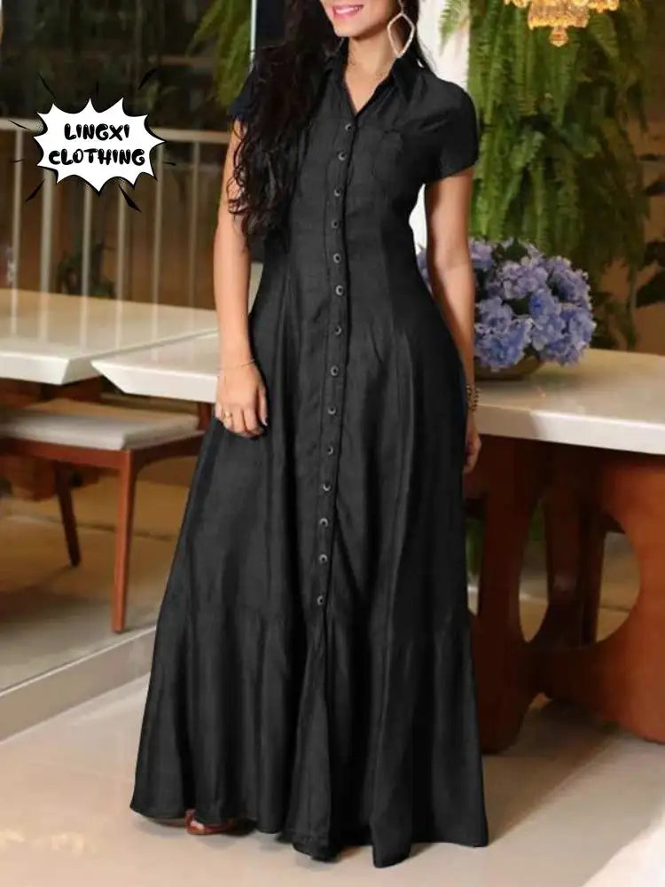 2023 Fashion New Long Dress Shirt Neck Pocket Large Swing Dress Casual Elegant Temperament Single Breasted Denim Dress