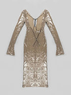 BEVENCCEL Sexy Luxury Sequins Deep V Long Sleeve Backless Sequins Long Dress Elegant  Bodycon Maxi Evening Party Clubwear Dress
