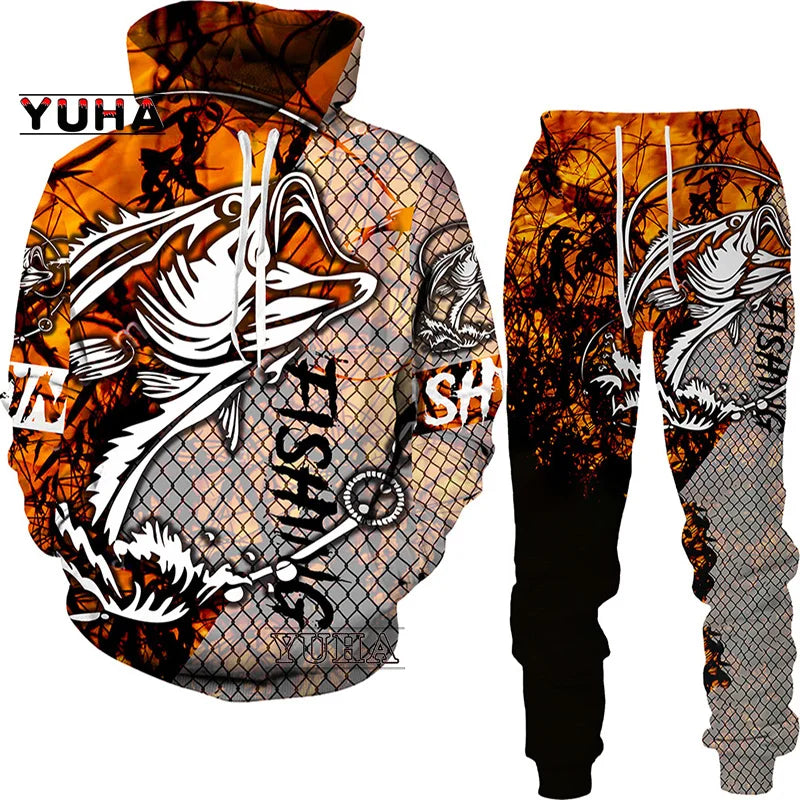 New 3D Fishing Art Print Casual Couple Hoodies Outfits Hip Hop Streetwear Hooded Sweatshirt+Sweat Pants Men's Tracksuit Set Lootquake LLC