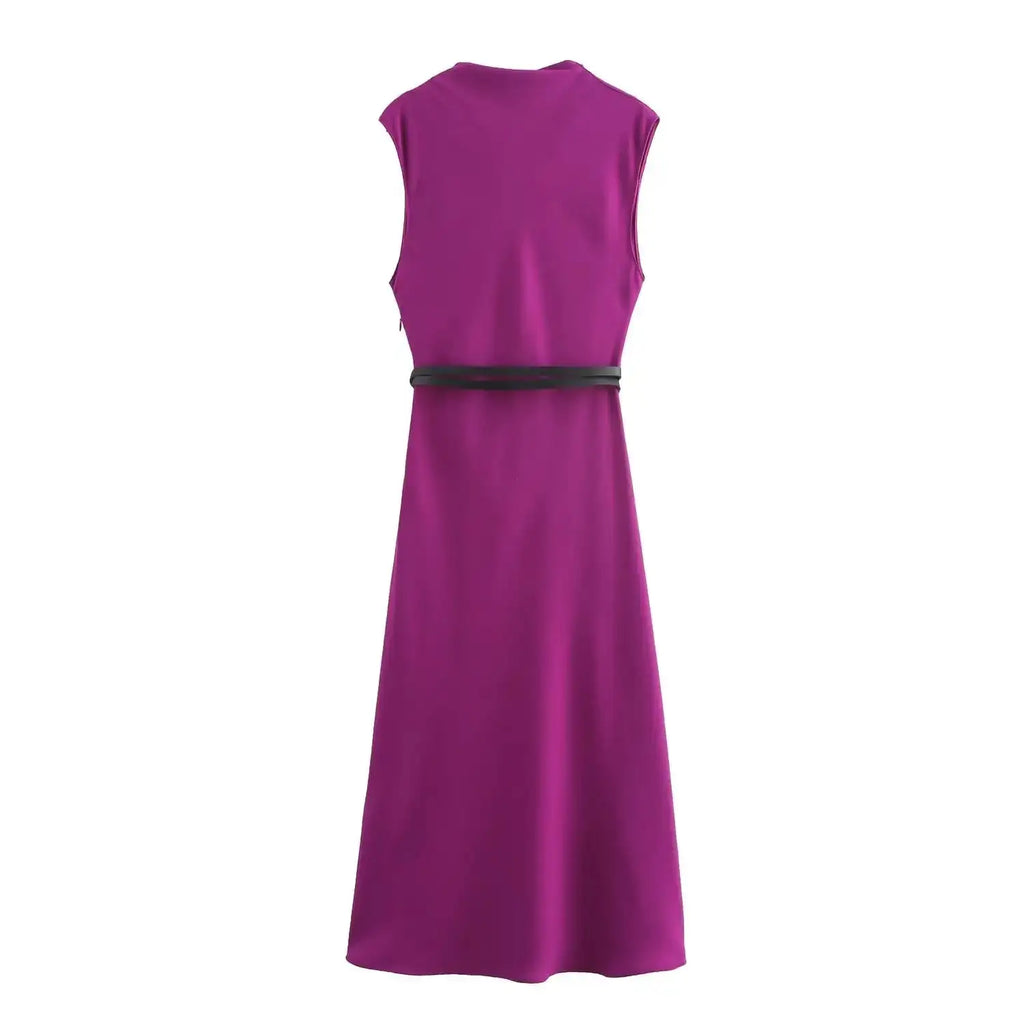 TRAFZA Women's Autumn New Fashion Versatile Belted Midi Slim Long Dress Female Elegant High Street Sleeveless Casual Dress Mujer