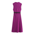 TRAFZA Women's Autumn New Fashion Versatile Belted Midi Slim Long Dress Female Elegant High Street Sleeveless Casual Dress Mujer