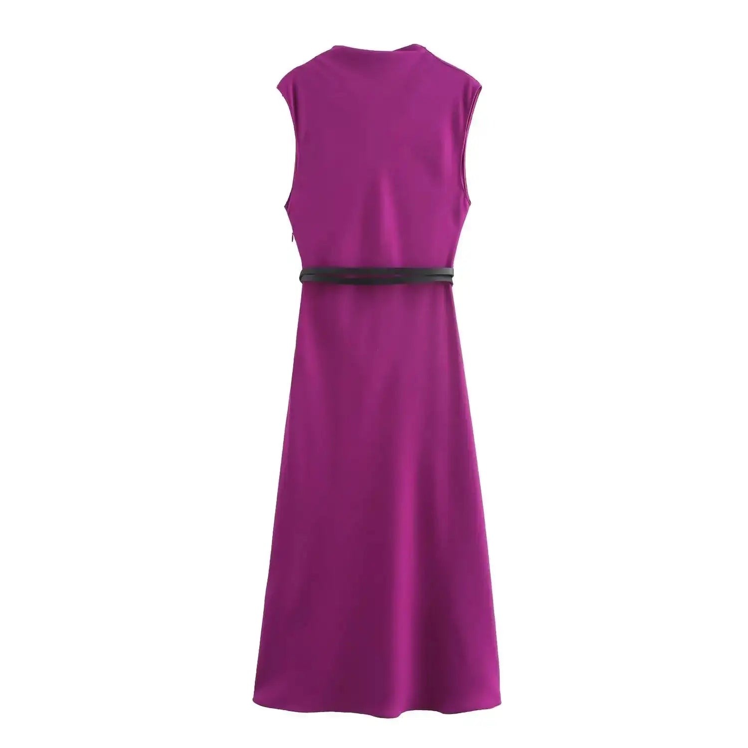 TRAFZA Women's Autumn New Fashion Versatile Belted Midi Slim Long Dress Female Elegant High Street Sleeveless Casual Dress Mujer