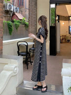 2024 New Casual Korean Striped O-neck Short Sleeve Long Dress Ladies Simplicity Patchwork Loose Tshirt Dress Women Clothing