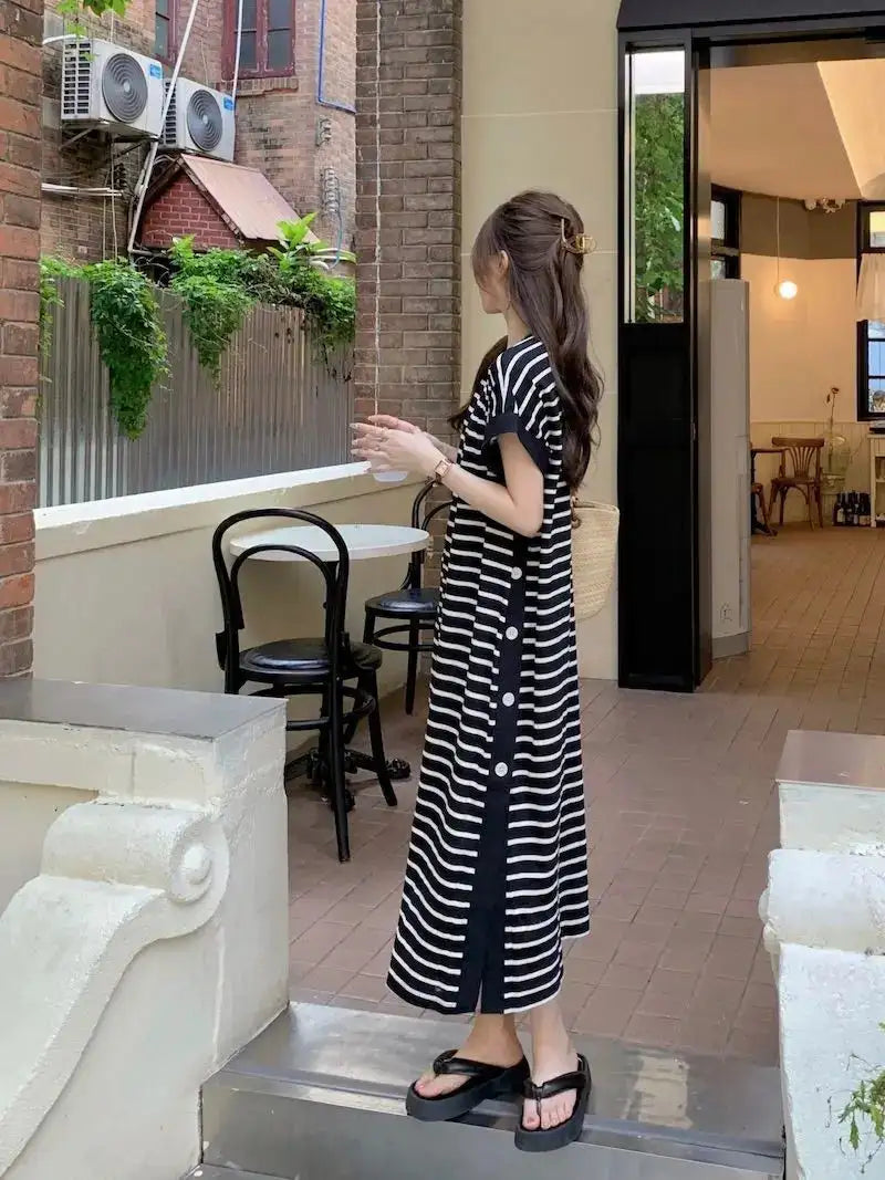 2024 New Casual Korean Striped O-neck Short Sleeve Long Dress Ladies Simplicity Patchwork Loose Tshirt Dress Women Clothing