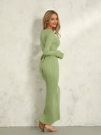 Women Spring Autumn Lace-up Knit Dress Elegant Long Sleeve Crew Neck Ribbed Solid Color Long Dress Streetwear
