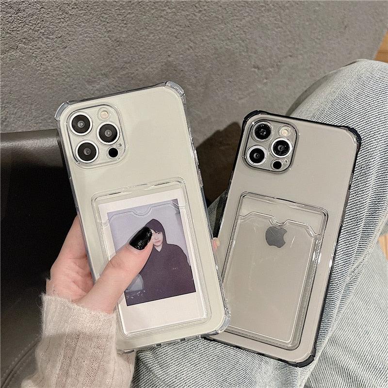 Transparent Card Slot Holder Case for iPhone 13 11 12 14 Pro Max Mini Clear Shockproof Soft Wallet Cover Clear Phone Case with Card Holder Slim Protective Soft Shock Absorbing Case with Card Holder Stevvex