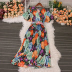 Women Dress Fashion Vintage Ins Bandage Slim Waist A-line Long Dress Vacation Beach Summer Outfits Lady Robe Femme Lootquake LLC