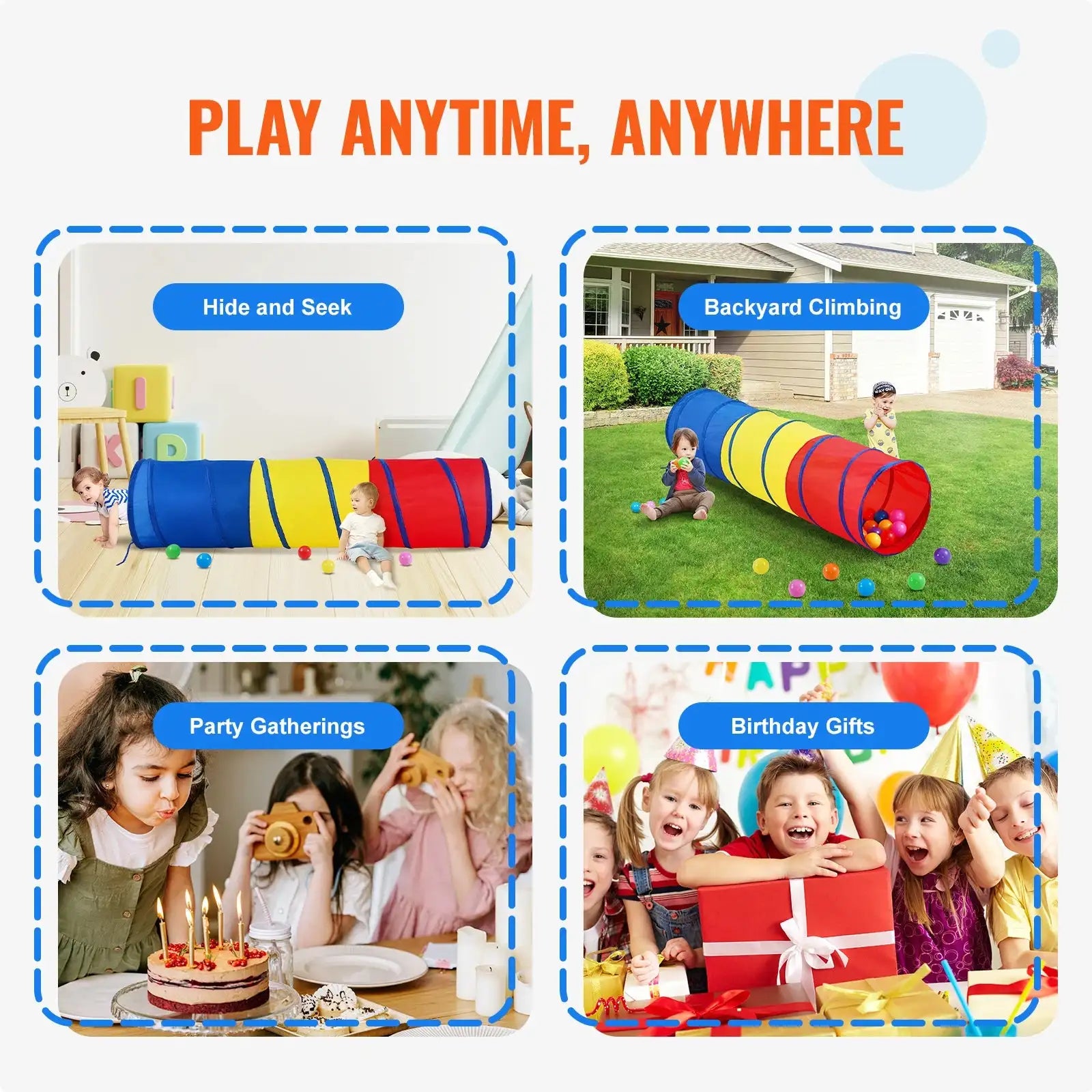 VEVOR Kids Play Tunnel Tent for Toddlers Collapsible Gift for Boy and Girl Play Tunnel Indoor and Outdoor Game Red/Yellow/Blue