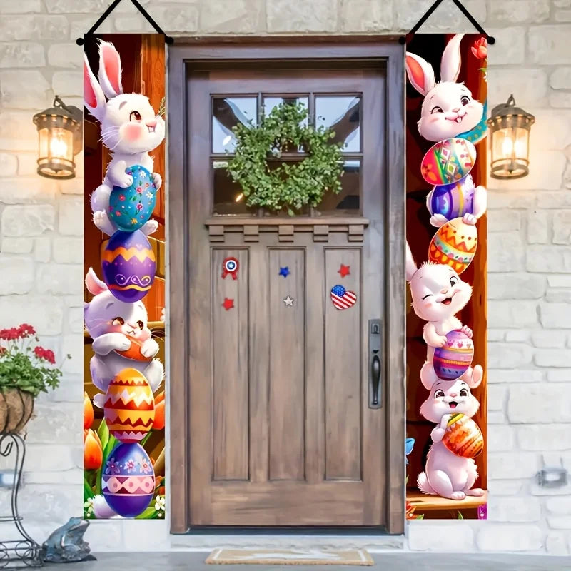 Happy Easter 2PC  Bunny Door Banners Polyester Easter Egg Decorative Flags for Outdoor Indoor Holiday Easter Decoration 2025 Lootquake LLC