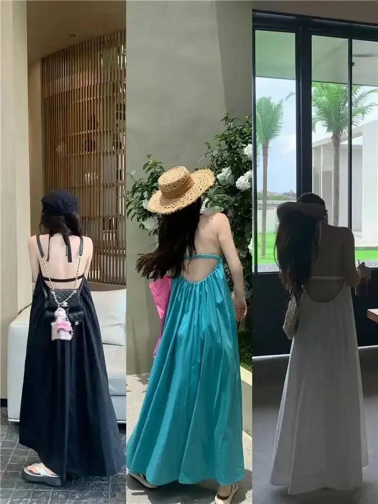 Summer Vacation Dress Thailand Style Open-back Halter Neck Age-reducing Photography Beach Long Dress Belted