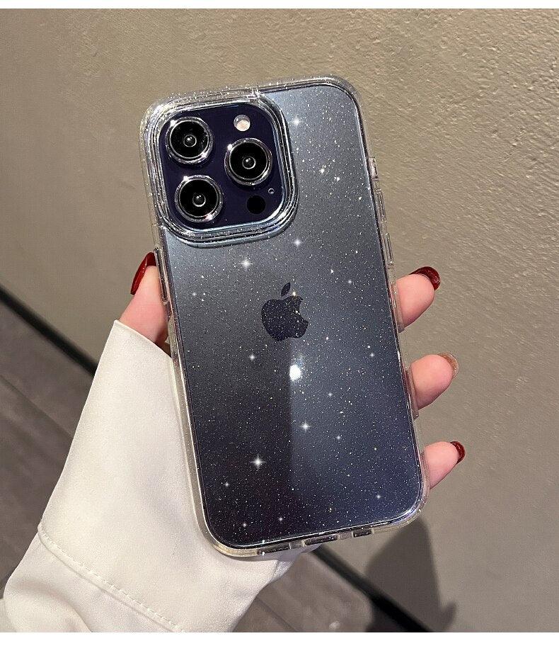 Luxury Glitter Bumper Clear Case for IPhone 14 13 12 11 Pro Max Mini X XS Max XR Cute Shining Shockproof Silicone Cover Hard Back Shockproof Protective Phone Cover For iPhone Stevvex