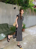 2024 New Casual Korean Striped O-neck Short Sleeve Long Dress Ladies Simplicity Patchwork Loose Tshirt Dress Women Clothing