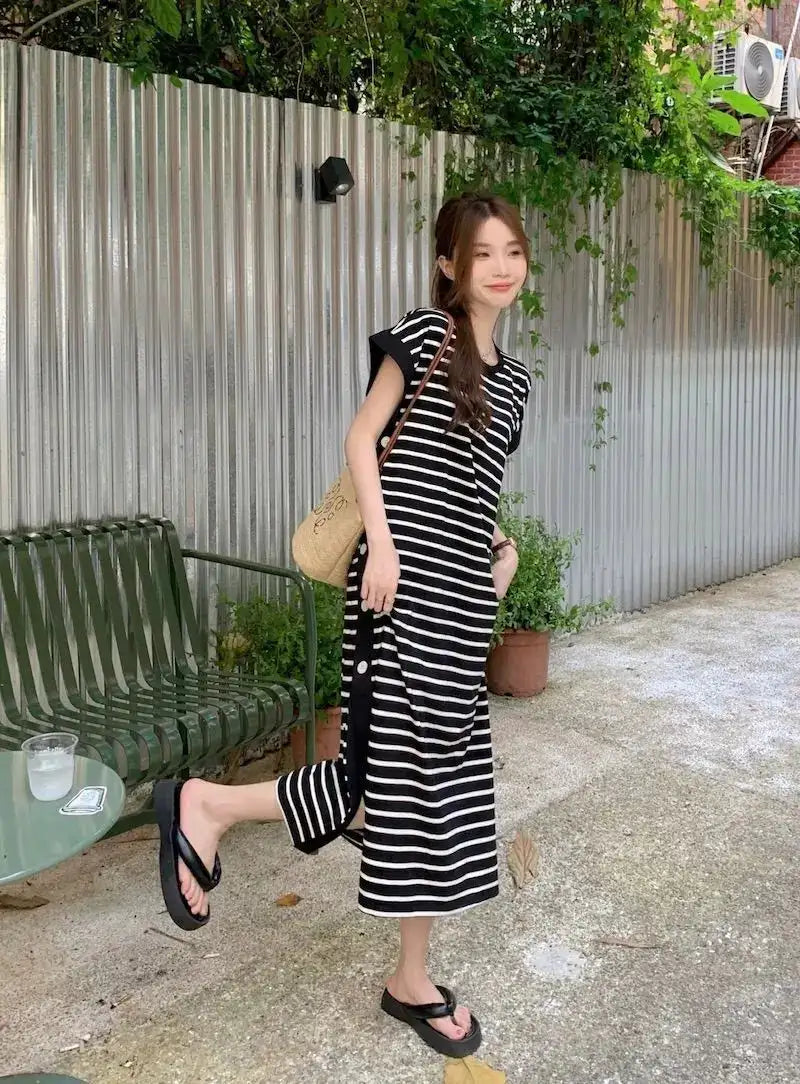 2024 New Casual Korean Striped O-neck Short Sleeve Long Dress Ladies Simplicity Patchwork Loose Tshirt Dress Women Clothing