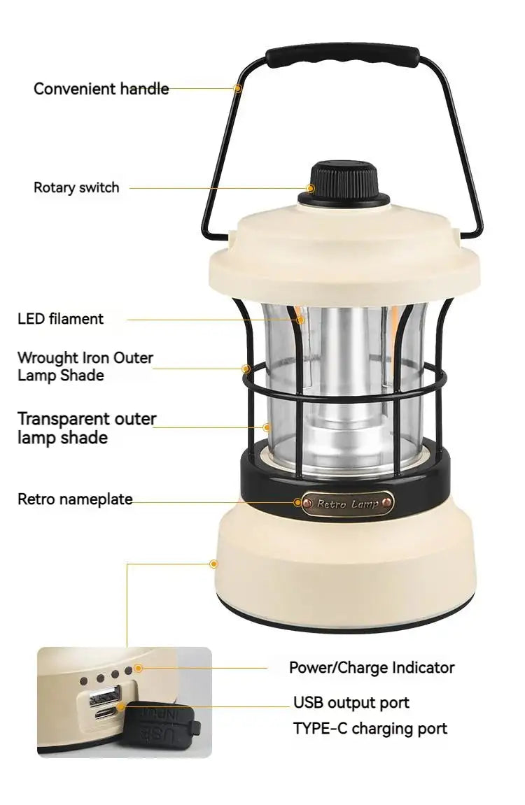 Retro Lamp Portable Camping Lantern USB Recharge Camping Tent Travel Light Vintage Outdoor Lighting Camping Equipment Flashlight