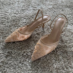 Mesh Embroidered Fashion Sandals Women String Bead High Heels Mules Shoes Pointed Toe Slingback Slippers Women Zapatos De Mujer