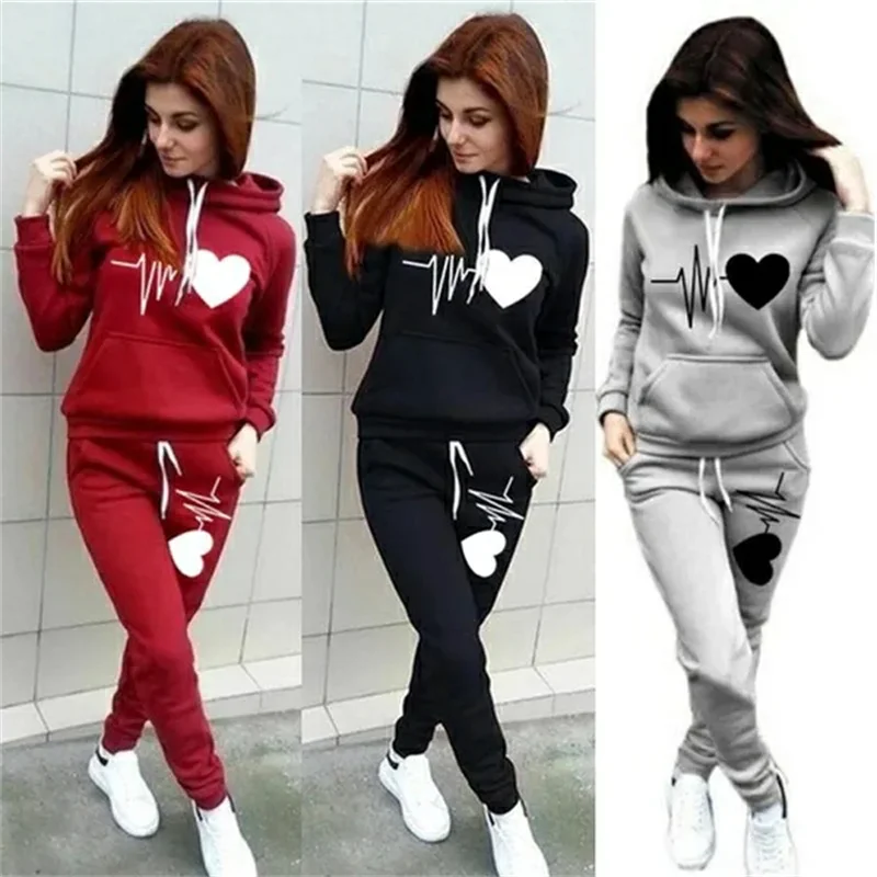 Heart Print Plus Size Hoodie & Sweatpants Set THRIXINE