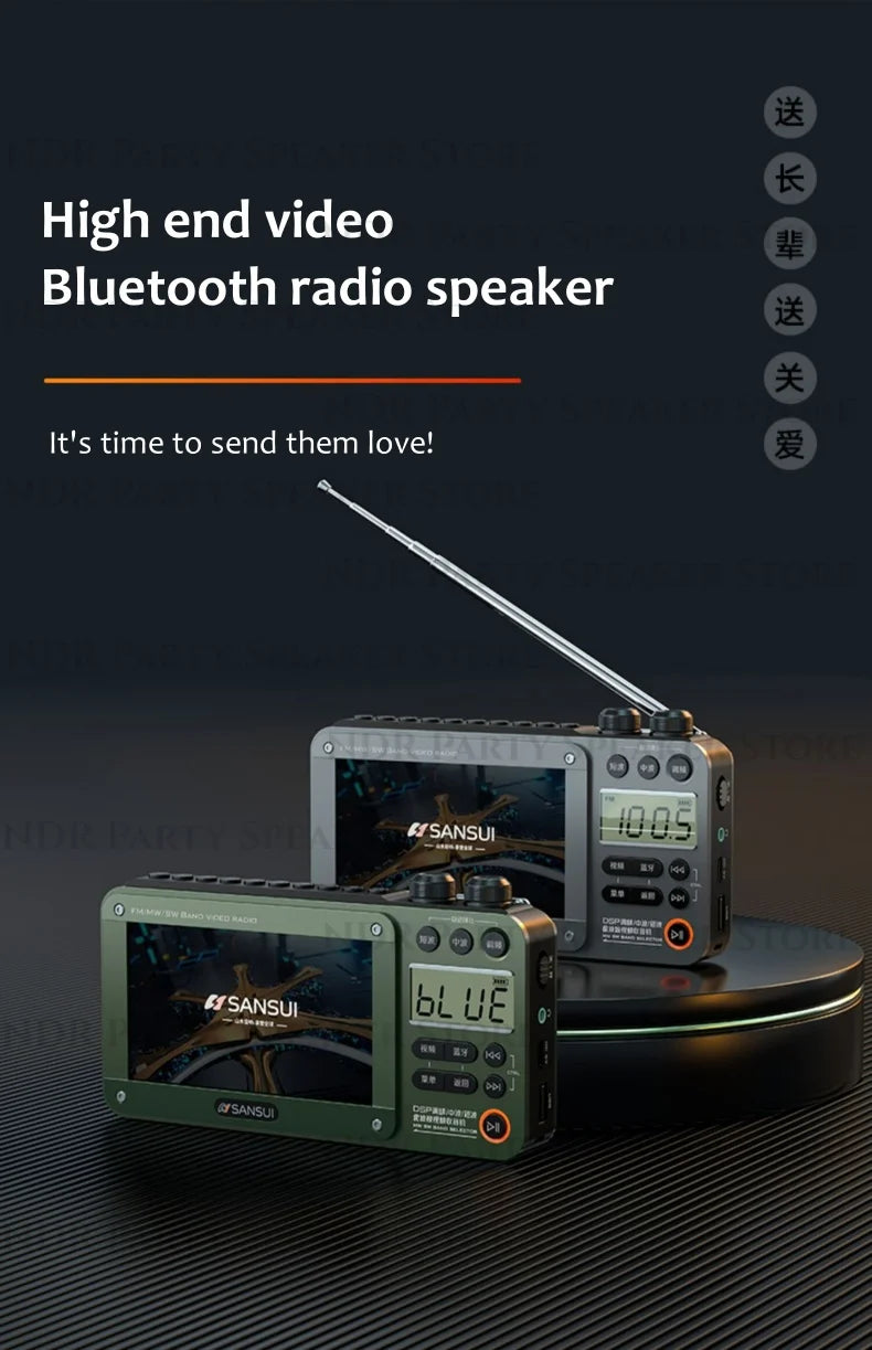 SANSUI Wireless Bluetooth Speakers Home Full-band Radio LED HD Video Player Portable MP4 Walkman Built-in Rechargeable Battery Lootquake LLC