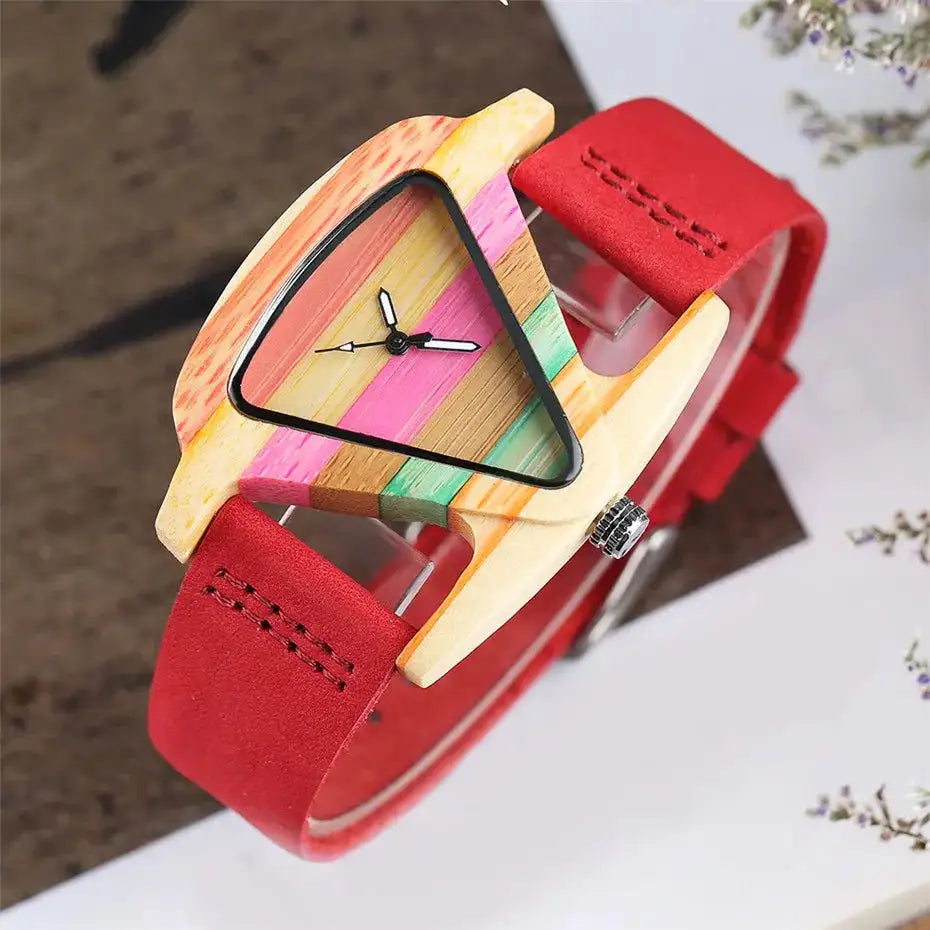 Unique Triangle Women's Wood Watch Creative Colorful Lady Green/ Red Genuine Leather Wristwatch Elegant Womens Watches Top Gifts
