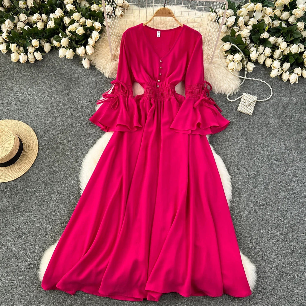 Purple/Green/Red Pleated Maxi Long Dress Women Vintage V-Neck Flare Sleeve Draped Ruffle Vestido Female Maxi Robe Summer Lootquake LLC