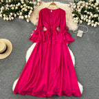 Purple/Green/Red Pleated Maxi Long Dress Women Vintage V-Neck Flare Sleeve Draped Ruffle Vestido Female Maxi Robe Summer Lootquake LLC