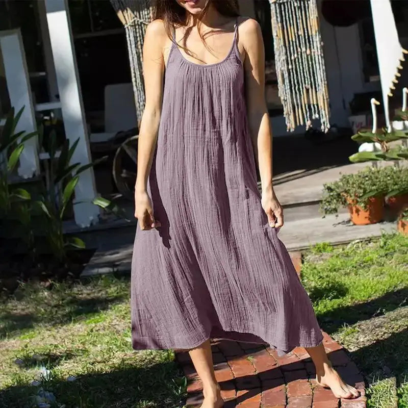 Casual 100% Cotton Summer Women's Long Dress Loose Solid Sleeveless Backless Streetwear Elegant  Female Dress Vestidos Robe Lootquake LLC