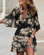 Women Fall V-Neck Loose Batwing Hafl Sleeve Print Dress Fashion Elegant Lace-up Ruffle Beach Mini Dresses Casual Streetwear 2024