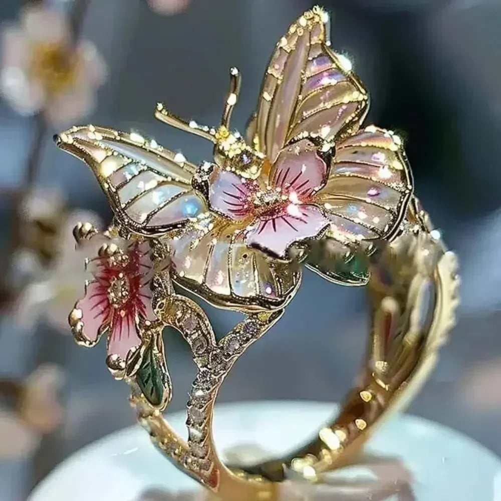 Aesthetic Flower Butterfly Rings for Female Romantic Rhinestone Stylish Non-fading Opening Ring Women Wedding Jewelry Party Gift