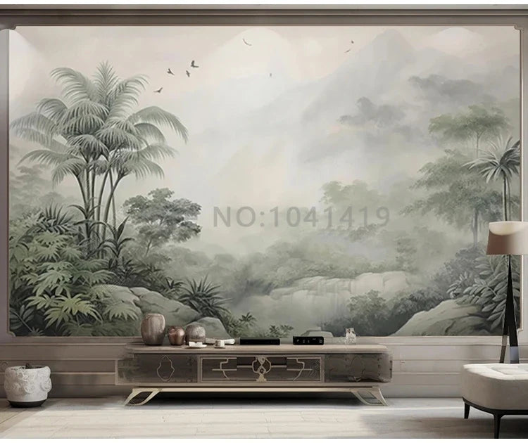 Tropical Green Plants Coconut Trees Distant Mountain Birds 3D Mural Wallpaper Restaurant Clubs KTV Bar Modern Personality Murals Lootquake LLC