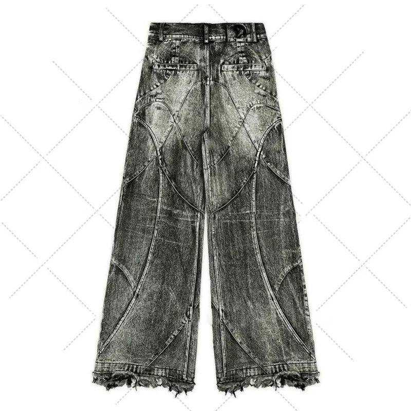 PFNW Spliced Design Washed Denim Jeans Men's Streetwear Fashion Straight Leg Denim Pants Hip Hop Trendy Trousers Spring 28W4634 Lootquake LLC
