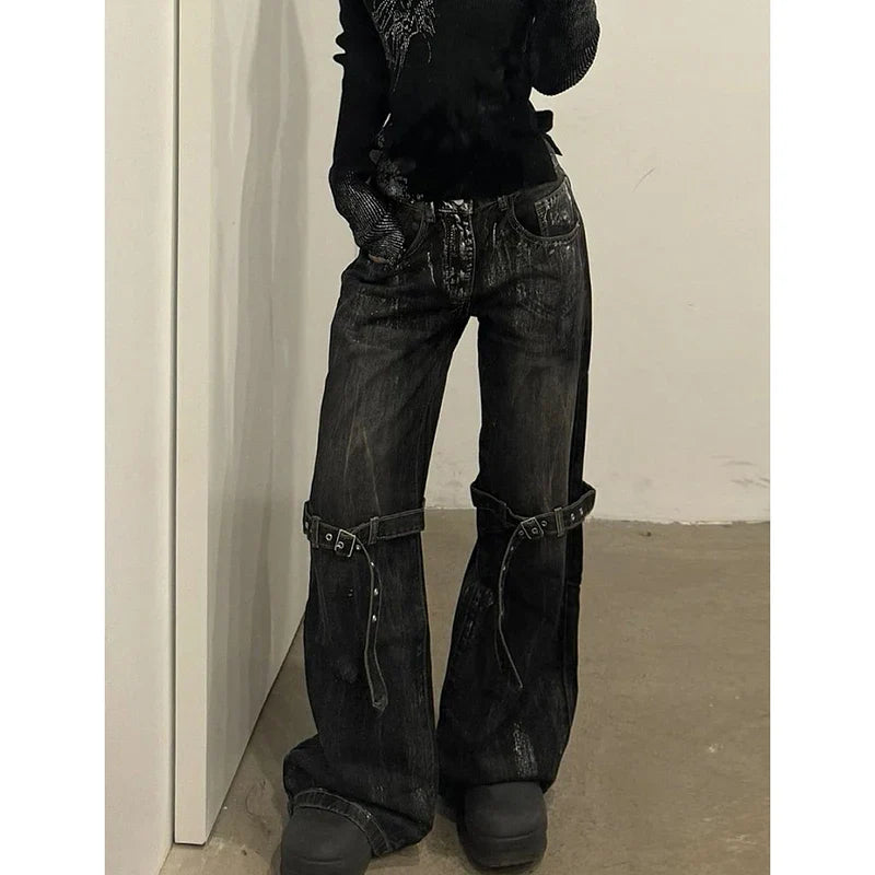 Black Women's Jeans High Waist Hip Hop Straight Fashion Pants Streetwear Harajuku Y2K Star 2024 Female Wide Leg Denim Trouser Lootquake LLC