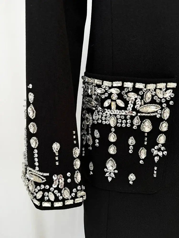 HIGH STREET Newest 2025 Designer Fashion Women's Long Sleeve Notched Collar Rhinestone Diamonds Beading Maxi Long Dress