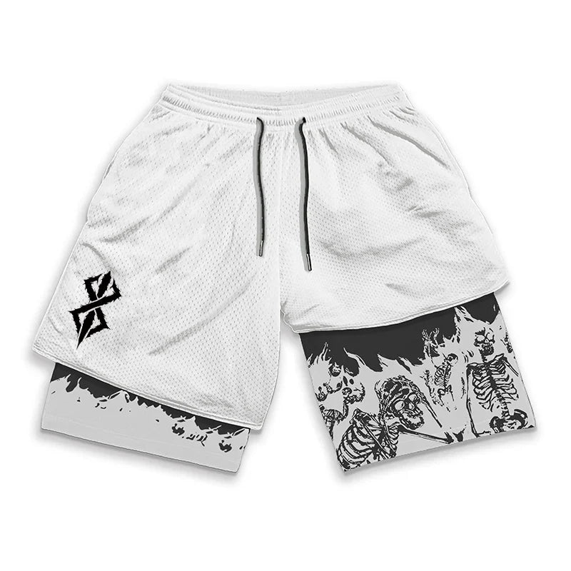 Berserk Skull Print 2 in 1 Running Workout Shorts