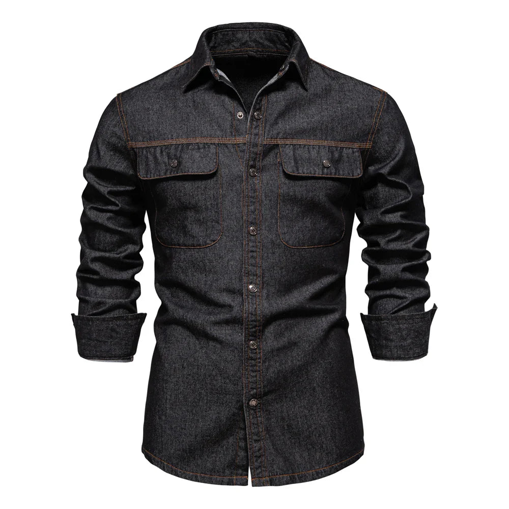 AIOPESON Brand New Mens 100% Cotton Denim Shirts Double Pocket Casual Cowboy Mens Shirts Long Sleeve Autumn Jeans Shirts for Men Lootquake LLC