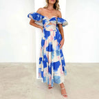 Summer V Neck Cutout Floral Print Dresses Elegant Women Puff Short Sleeve Casual Dress Pleated Waisted Swing Beach Long Dress