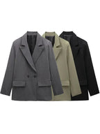 Willshela Women Fashion With Pockets Solid Double Breasted Blazer Vintage Long Sleeves Notched Neck Female Office Lady Outfits