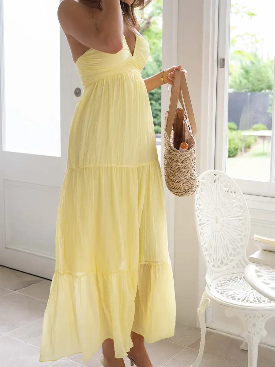 Women Low Cut Backless Maxi Dresses Elegant Spaghetti Strap Tiered Long Dress Relax Fit Open Back Cutout Flowy Sundress