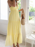 Women Low Cut Backless Maxi Dresses Elegant Spaghetti Strap Tiered Long Dress Relax Fit Open Back Cutout Flowy Sundress